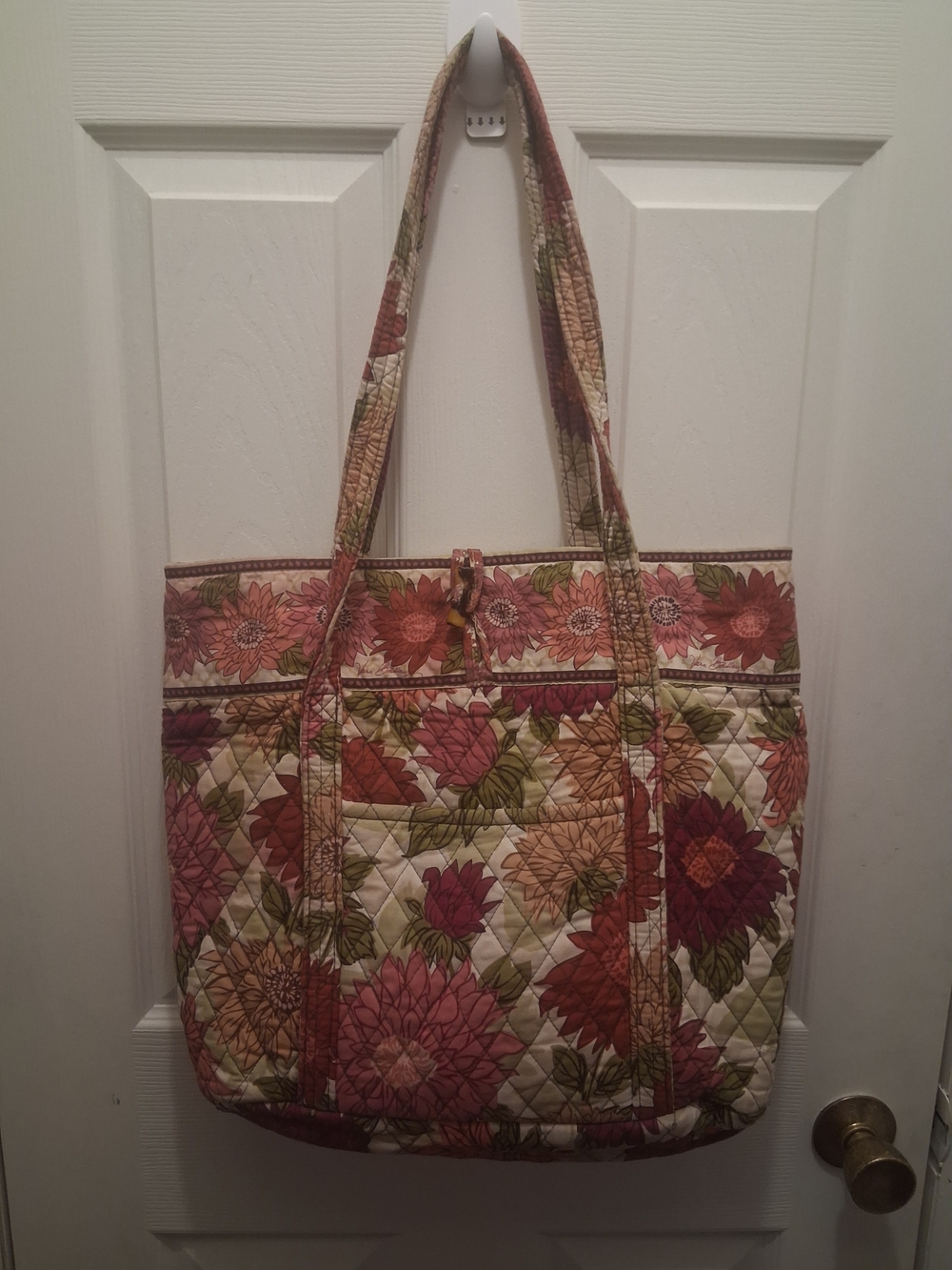 Vera Bradley Floral Quilted Tote in Pink and Cream with Green Accents